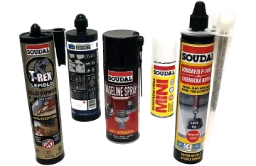 Maziva, lepidla, pěny, tmely, silikony a chemické kotvy